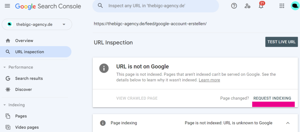 Search Console Request Indexing