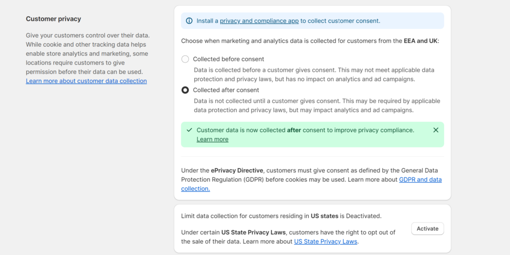 Shopify Customer Privacy Einstellungen